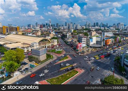 BANGKOK, THAILAND-Dec 1, 2018: traffic at Hua Lamphong intersection and Hua Lamphong railway station in Bangkok, Thailand