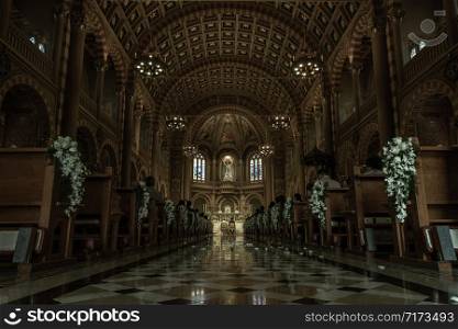 Bangkok, Thailand - Feb 2, 2020 : Priest celebrate wedding mass for the Bride and groom at the church. Wedding ceremony, Beautiful decoration