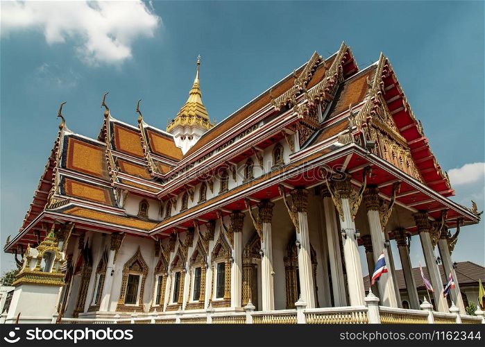 Bangkok, Thailand - Jan 09, 2019 : Beautiful architecture of chapel at Samphanthawong buddhist temple (Wat Samphanthawongsaram Worawihan) at Samphanthawong District.