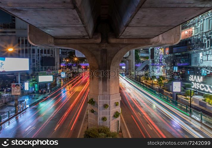 Bangkok, Thailand, Jul 03, 2020 : Street lighting in downtown area at Siam Square after the rain. Selective focus.