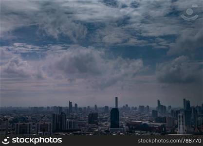 Bangkok, Thailand - Jul 05, 2019 : Sky view of Bangkok evening view with skyscraper in the business district in Bangkok, City View Urban Downtown Business District Concept.