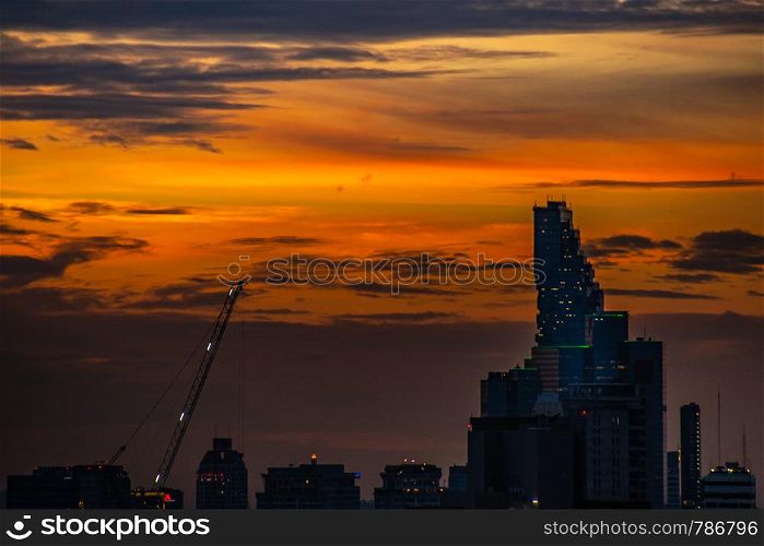 Bangkok, thailand - jul 06, 2019 : Sky view of Bangkok evening view with skyscraper in the business district in Bangkok, City View Urban Downtown Business District Concept.