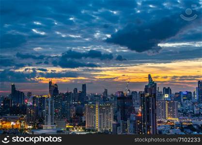 Bangkok, thailand - jul 06, 2019 : Sky view of Bangkok with skyscrapers in the business district in Bangkok in the during beautiful twilight give the city a modern style.