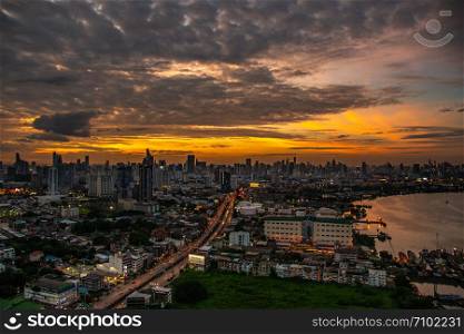 bangkok,Thailand - jul 6, 2019 : Sky view of Bangkok with skyscrapers in the business district in Bangkok along the Chao Phraya Rive in the during beautiful twilight give the city a modern style.