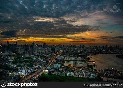 bangkok,Thailand - jul 6, 2019 : Sky view of Bangkok with skyscrapers in the business district in Bangkok along the Chao Phraya Rive in the during beautiful twilight give the city a modern style.