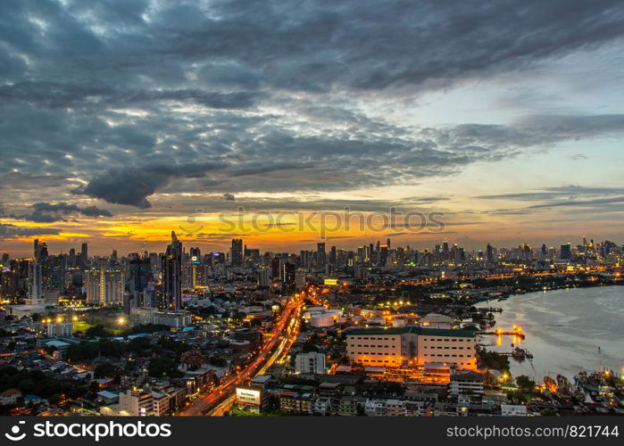 bangkok,Thailand - jul 6, 2019 : Sky view of Bangkok with skyscrapers in the business district in Bangkok along the Chao Phraya Rive in the during beautiful twilight give the city a modern style.