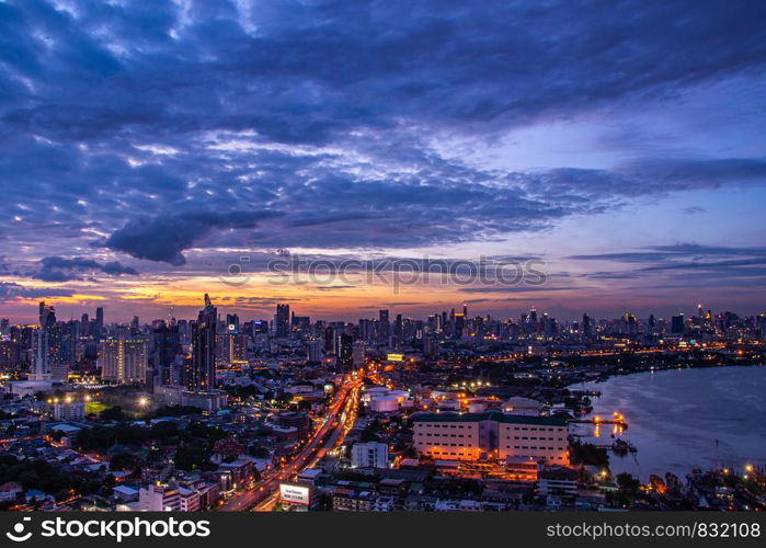 bangkok,Thailand - jul 6, 2019 : Sky view of Bangkok with skyscrapers in the business district in Bangkok along the Chao Phraya Rive in the during beautiful twilight give the city a modern style.