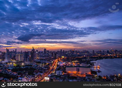 bangkok,Thailand - jul 6, 2019 : Sky view of Bangkok with skyscrapers in the business district in Bangkok along the Chao Phraya Rive in the during beautiful twilight give the city a modern style.