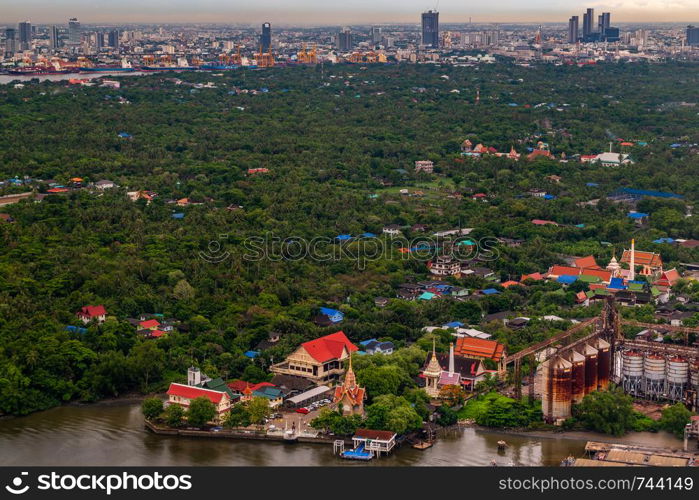 bangkok,Thailand - jun 26, 2019 : The view of the Chao Phraya River that sees the green area next to the river, which is called Bang Krachao, Beautiful nature.