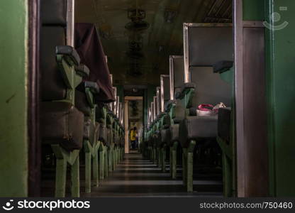 Bangkok, thailand - jun 29, 2019 : Passenger seats inside the train at Hua Lamphong Station, Bangkok Railway Station or Hua Lamphong Station is the main railway station in Bangkok, Thailand.