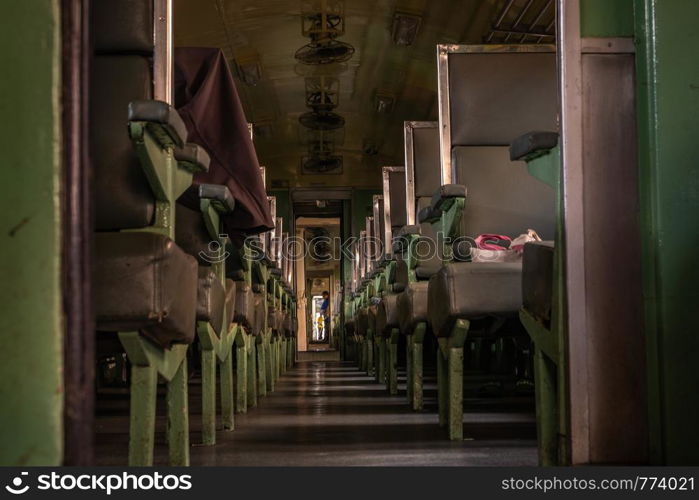 Bangkok, thailand - jun 29, 2019 : Passenger seats inside the train at Hua Lamphong Station, Bangkok Railway Station or Hua Lamphong Station is the main railway station in Bangkok, Thailand.