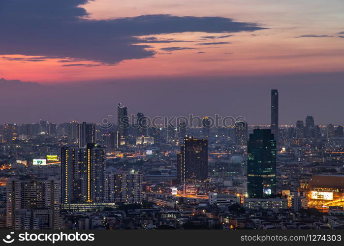 Bangkok, thailand - Mar 06, 2020 : Sky view of Bangkok with skyscrapers in the business district in Bangkok in the evening beautiful twilight give the city a modern style. Selective focus.