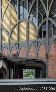 Bangkok,Thailand - May 28, 2023 - Architecture design View of The Foundation of the Central Mosque and Islamic Center of Thailand. The detail of classic exterior building built for Islamic Affairs are designed with elegant, Mosque art concept, Space for text, Selective focus.