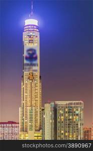"BANGKOK, THAILAND - MAY 4: The highest building of Thailand, names "Baiyok tower" in business city area at night, high angle bird eyes view in Bangkok, Thailand on May 4, 2015"