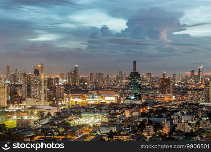 Bangkok, thailand - Oct 01, 2020   Bangkok downtown cityscape in Business district with bright glowing lights at night give the city a modern style. No focus, specifically.