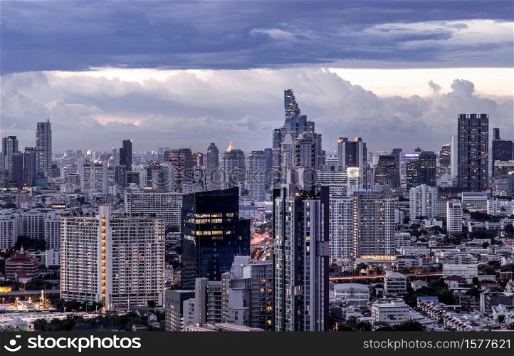 Bangkok, Thailand - Sep 24, 2020 : Bangkok downtown cityscape with skyscrapers at evening give the city a modern style. No focus, specifically.