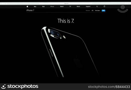 Bangkok, Thailand - SEPTEMBER 27, 2016: Apple computer website showcasing iPhone 7 available for sale, iPhone 7 is new phone from Apple Inc. come along operating system ios 10