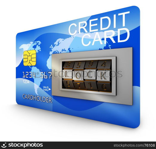 Bank card with combination lock. 3d rendering.