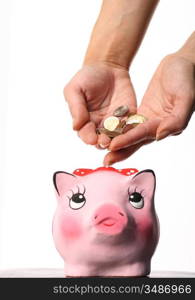 bank Coin box pink pig and hand