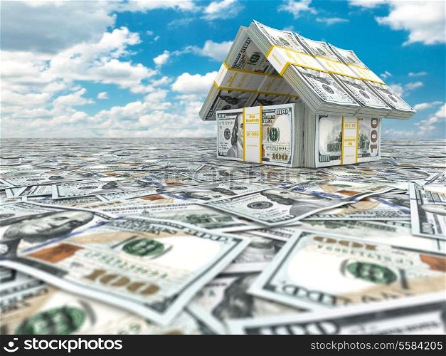 Bank. House from pack of dollar on cloudscape. 3d