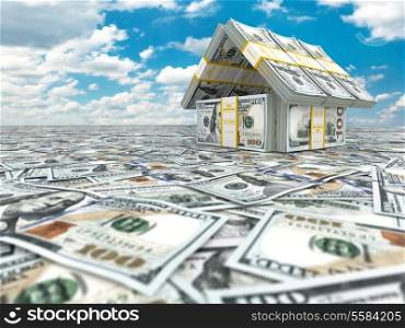 Bank. House from pack of dollar on cloudscape. 3d