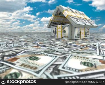 Bank. House from pack of dollars on cloudscape. 3d