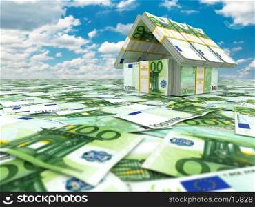 Bank. House from pack of euro on cloudscape. 3d
