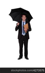 banker with umbrella isolated on white