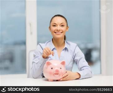 banking and finances concept - lovely woman with piggy bank and cash money