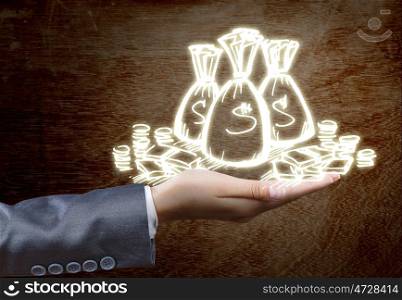 Banking concept. Close up of businessperson hand holding money bags