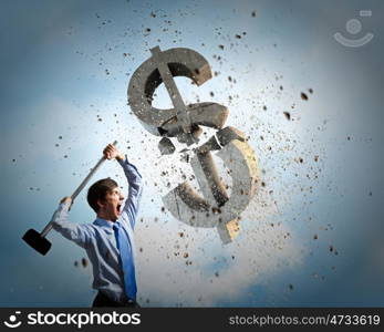 Banking concept. Young businessman crashing with hammer stone dollar symbol