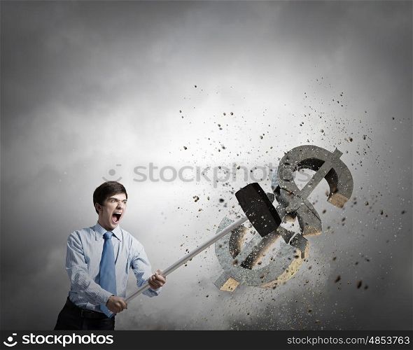 Banking concept. Young businessman crashing with hammer stone dollar symbol