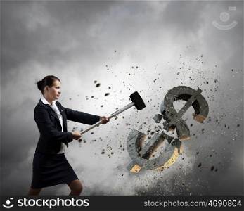 Banking concept. Young businesswoman crashing with hammer stone dollar symbol