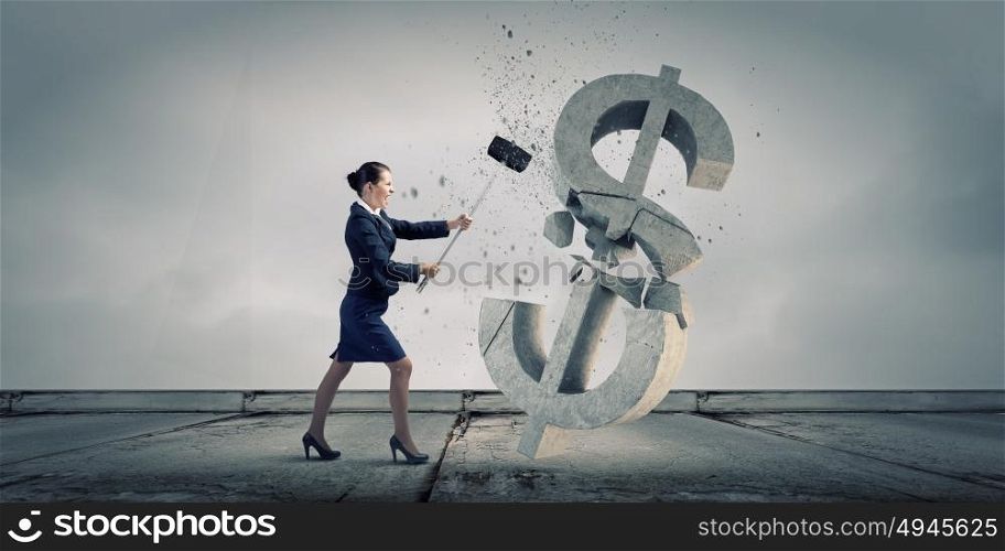 Banking concept. Young businesswoman crashing with hammer stone dollar symbol