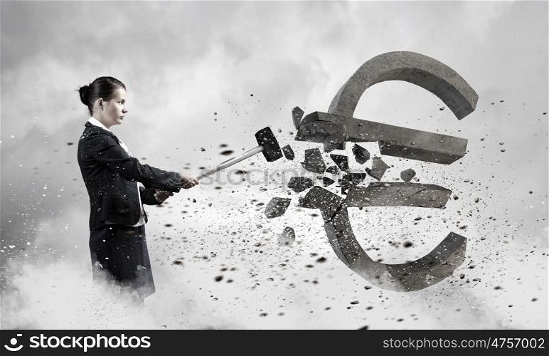 Banking concept. Young businesswoman crashing with hammer stone euro symbol