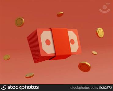 Banknote money red envelopes packet and gold coin on isolated background. Business financial and gambling game prize for winner concept. 3D illustration render