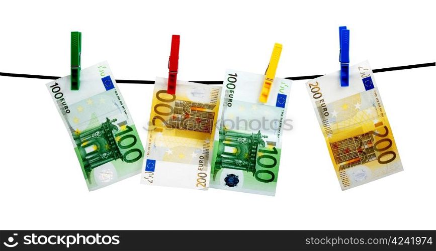 Banknotes drying on a rope after laundry