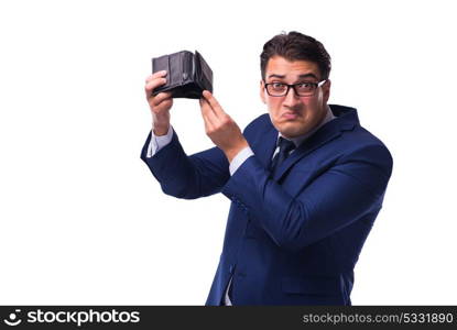 Bankrupt broke businessman with empty wallet on white background