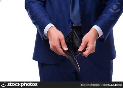 Bankrupt broke businessman with empty wallet on white background