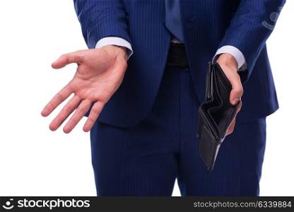 Bankrupt broke businessman with empty wallet on white background