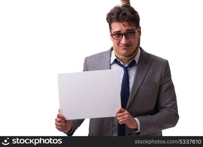 Bankrupt businessman hanging himself isolated on white