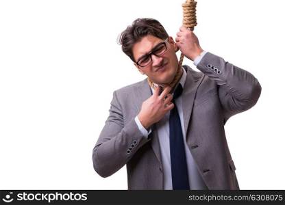 Bankrupt businessman hanging himself isolated on white