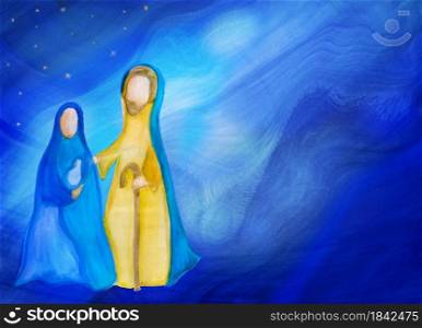 Banner Bethlehem nativity scene. Abstract watercolor Christmas scene illustration representing the holy family with Joseph Mary and baby Jesus. Blue starry background. Copy space