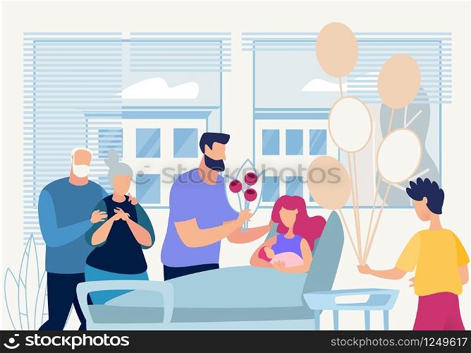 Banner Big Friendly Family Consisting Grandfather and Grandmother, Husband and Eldest Son Festively Visit Woman in Childbirth, Which is Wife, Mother, Daughter for Family Members Flat.
