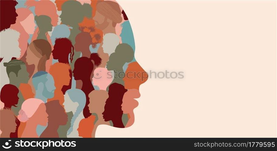 Banner copy space. Silhouette profile group of men and women of diverse culture. Diversity multi-ethnic and multiracial people. Concept of racial equality and anti-racism. Multicultural