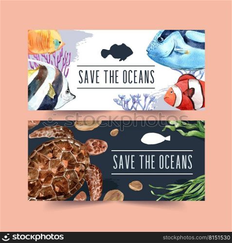 Banner design with fish and turtle concept, contrast color vector illustration 