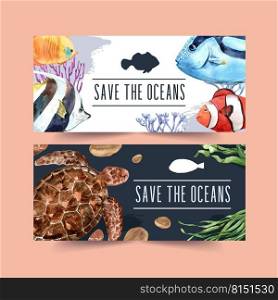 Banner design with fish and turtle concept, contrast color vector illustration 