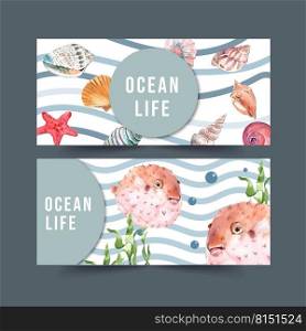 Banner design with sealife theme, puffer fish and shells watercolor vector illustration.