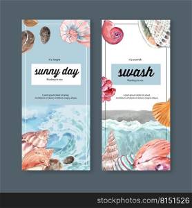 Banner design with wave and shellfish concept, pastel themed vector illustration template.  