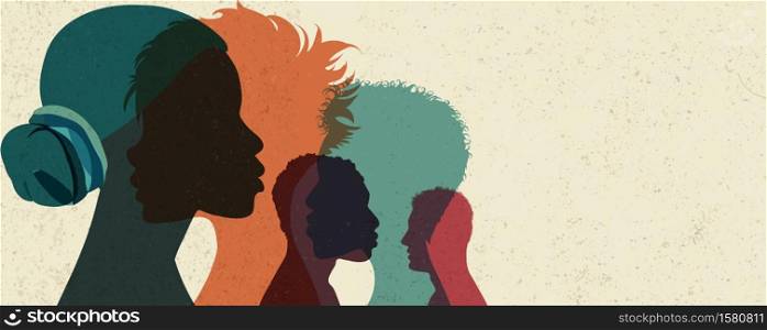 Banner Diversity multi-ethnic and multiracial people poster. Silhouette profile group of men and women of diverse culture.Concept of racial equality and anti-racism.Multicultural society